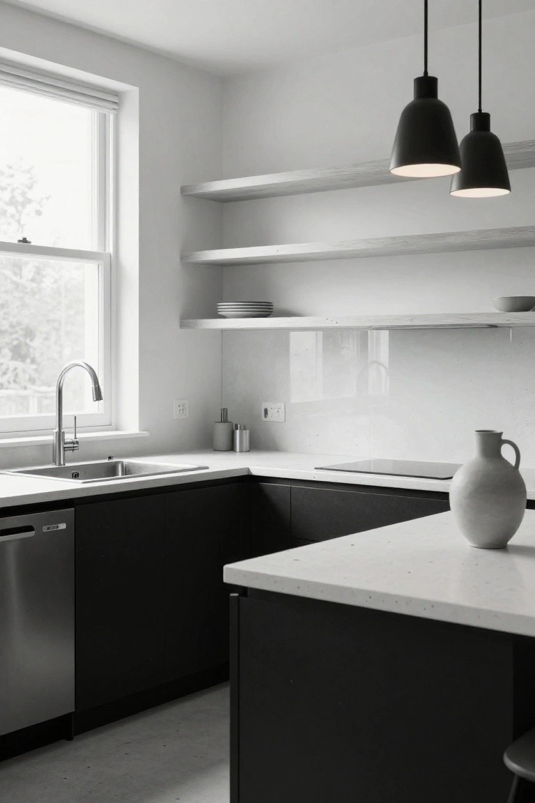 Black lower cabinets and white quartz countertops in a minimalist kitchen with a corner sink, integrated dishwasher, floating wooden shelves holding plates and bowls, two black pendant lights, and a white ceramic vase on the island.