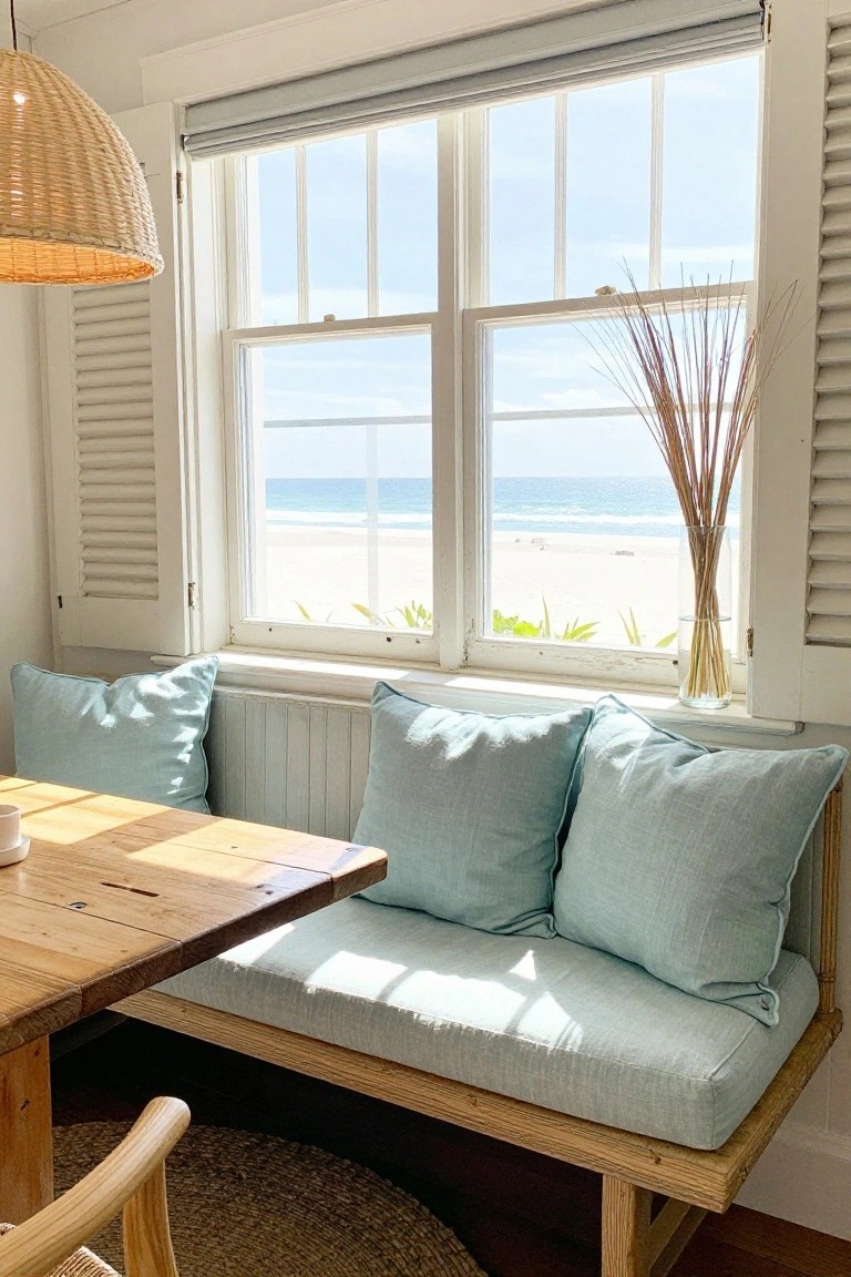 A cushioned light blue bench built into the wall under a large white-framed window overlooking a beach, with a wooden table, rattan pendant light, and potted reeds nearby.
