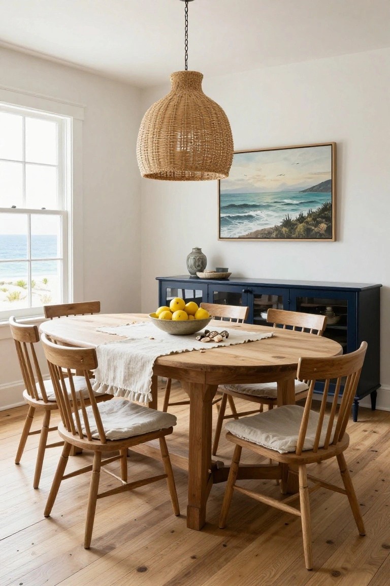 Oval wooden dining table with white linen runner and bowl of lemons at center, surrounded by six wooden spindle chairs with beige cushions, rattan pendant light above, navy credenza to side, ocean view through window, on light wood floor.