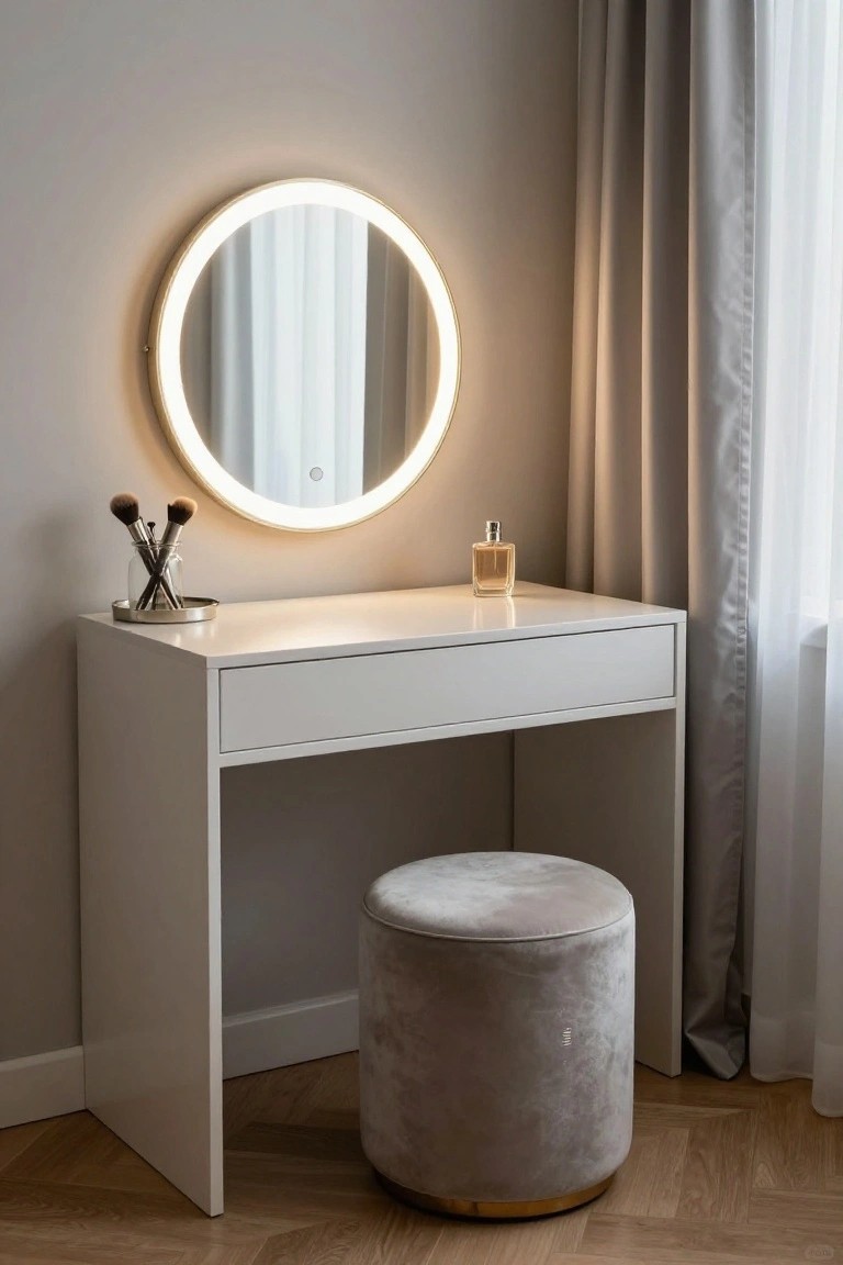 White corner vanity desk with round backlit mirror mounted above, two makeup brushes in a glass jar on a tray, perfume bottle on the surface, and gray velvet pouf stool nearby in a room with gray walls, sheer curtains, and wood floor.