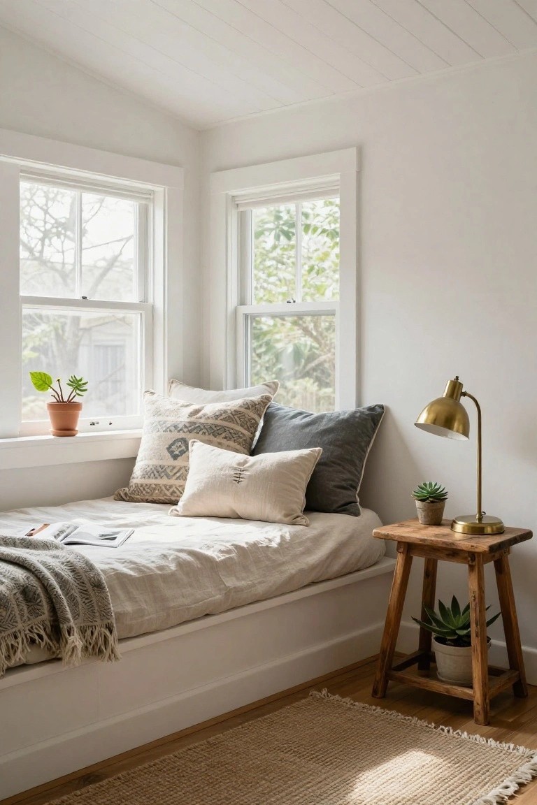 A low built-in bed in a bright white corner room under two large windows, with assorted pillows, a gray throw blanket, an open magazine, potted plants on the sill, and a wooden stool table holding a gold lamp and succulent.