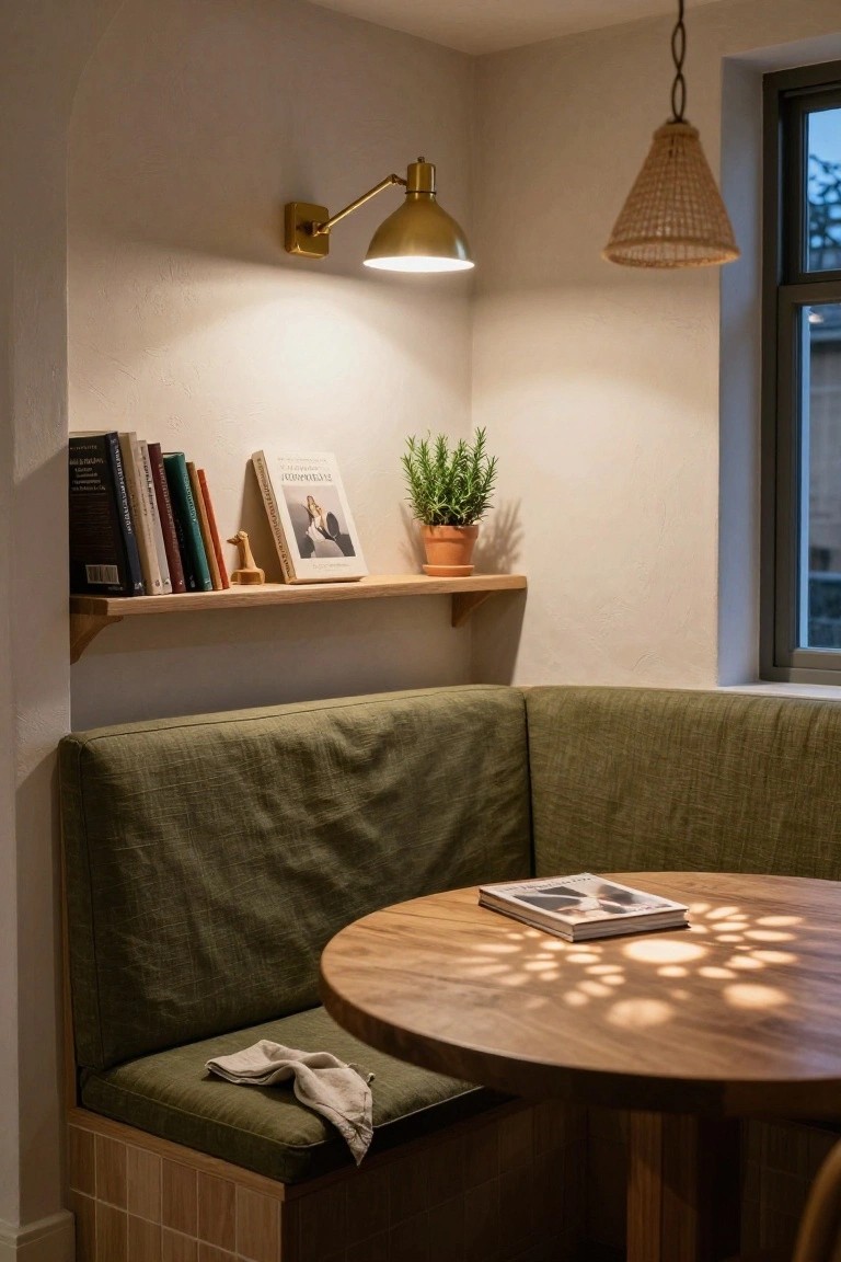 Green upholstered corner booth with cushions around a round wooden table in a softly lit room, napkin draped on seat, books and potted rosemary on wooden shelf above, gold wall lamp and rattan pendant light nearby, window in background.