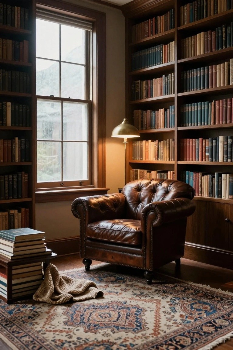 Wood-paneled library corner with floor-to-ceiling bookshelves filled with colorful books, brown tufted leather armchair, side table holding stacked books and a knit throw, brass floor lamp, and large window showing misty mountain view.