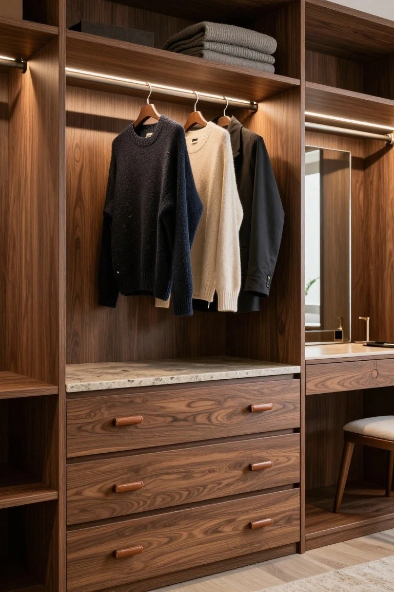 Walk-in closet with walnut wood cabinets, LED-lit hanging rods holding sweaters and jackets, open shelves with folded clothes, marble-topped drawers, mirror, and a stool.