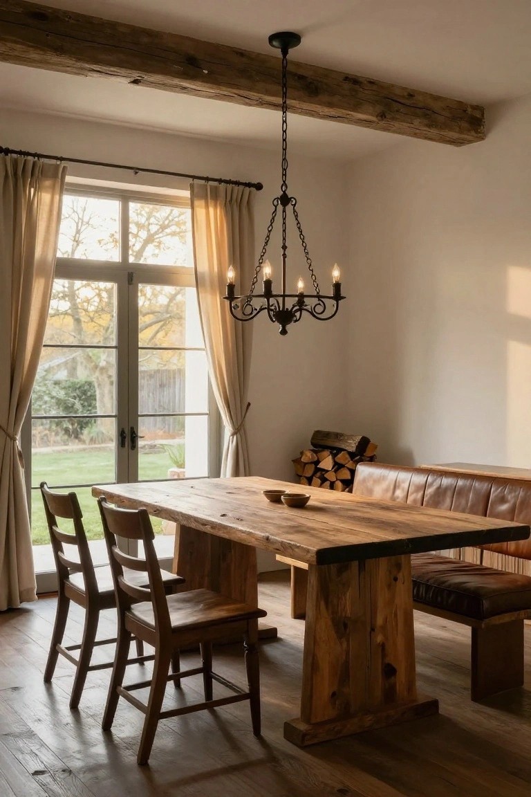 Dining area featuring a long rectangular reclaimed wood table with two wooden chairs on one side and a brown leather bench seat against the wall on the other, two wooden bowls on the table, stack of firewood nearby, large windows with beige curtains showing a garden view, black iron chandelier with candles above, and exposed wooden ceiling beams in a light room with hardwood floors.