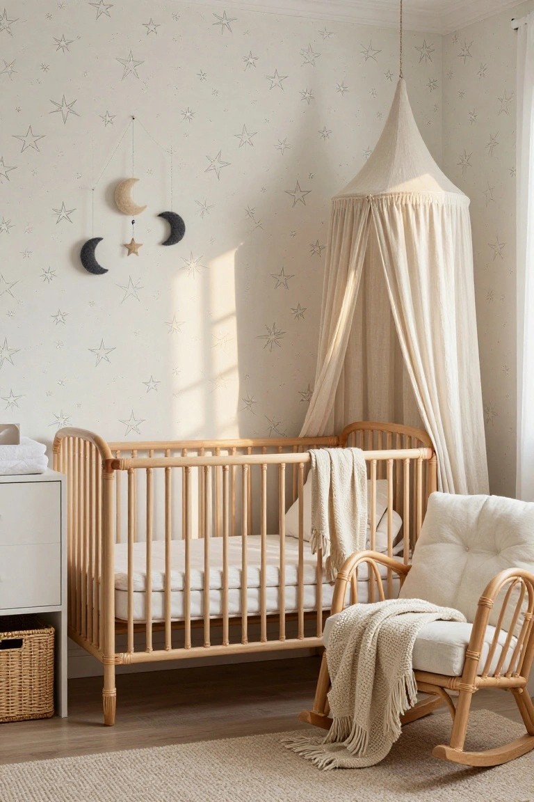 A light beige canopy drapes over a wooden crib in a nursery with starry wallpaper, hanging moon and star mobiles, a rattan rocking chair with blankets, a white changing table, and beige rug on wood floors.