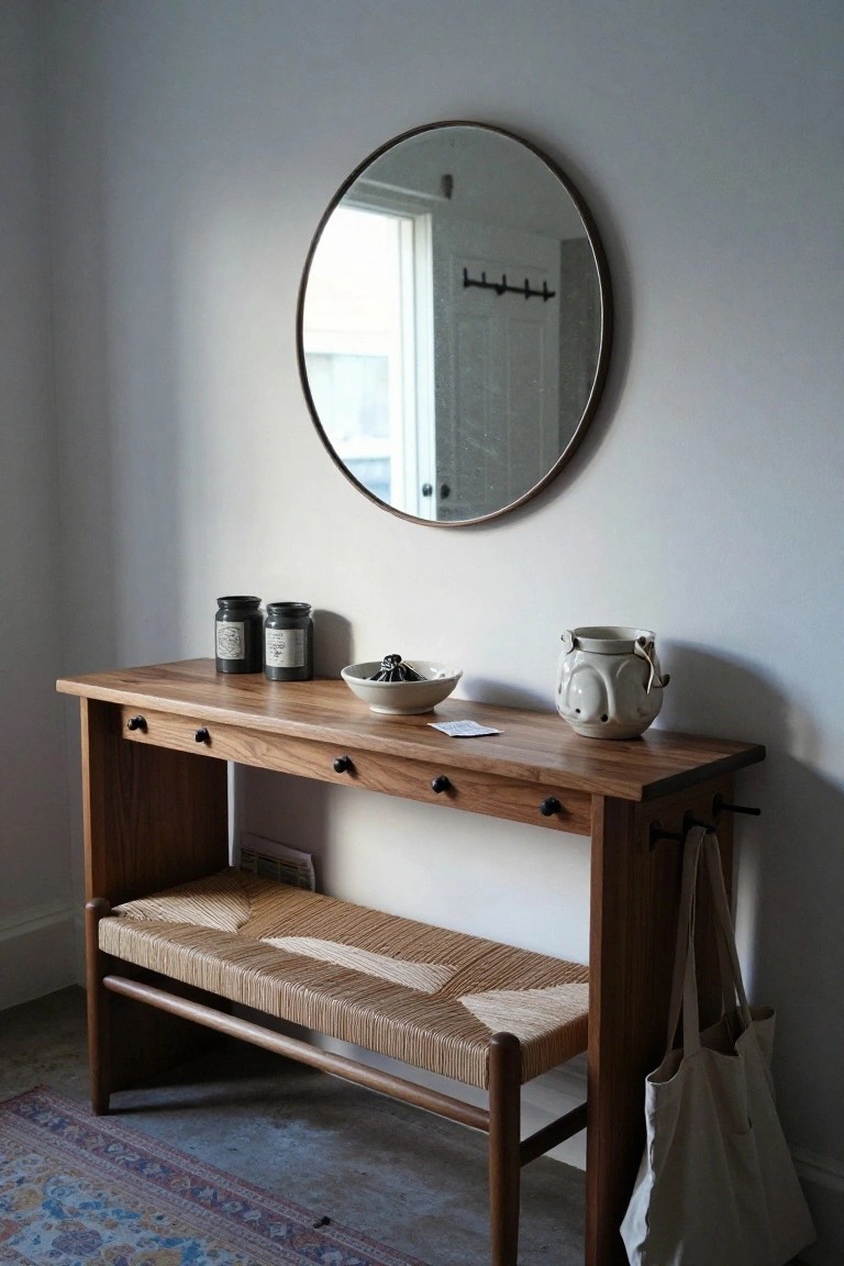 Wooden console table with drawers and hooks holding ceramic jars and a bowl, next to a rush-seated bench with a tote bag hanging, under a round mirror on a white wall in an entry area.