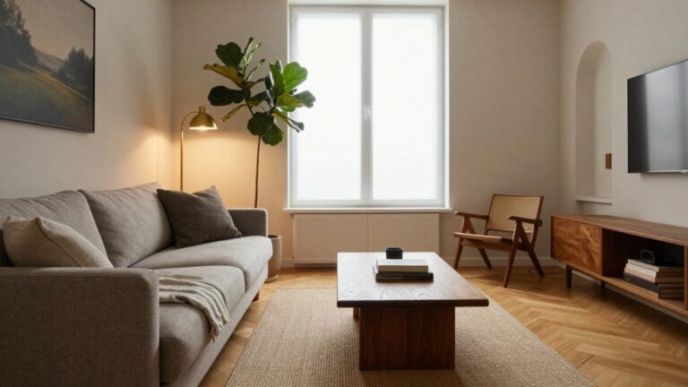 A bright living room with white walls, gray sofa, wood coffee table with books, rattan armchair, walnut credenza next to a black arched niche containing a large fiddle leaf fig plant in a terracotta pot, gold floor lamp, and window with roller shade.