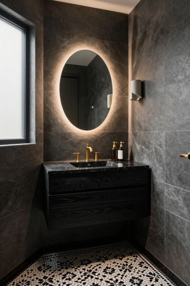 Corner bathroom with dark gray stone tiles on walls and ceiling, oval backlit mirror, floating black wood vanity with black marble sink and gold brass faucet, wall dispenser, and black-and-white geometric patterned floor tiles.
