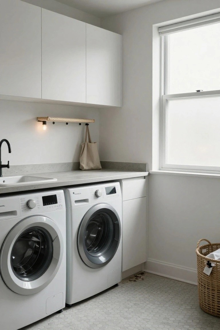 White laundry room with overhead cabinets above two white front-loading washer and dryer, concrete countertop utility sink with black faucet, wooden wall shelf with hooks and hanging bag, wicker laundry basket on gray terrazzo tile floor next to window.