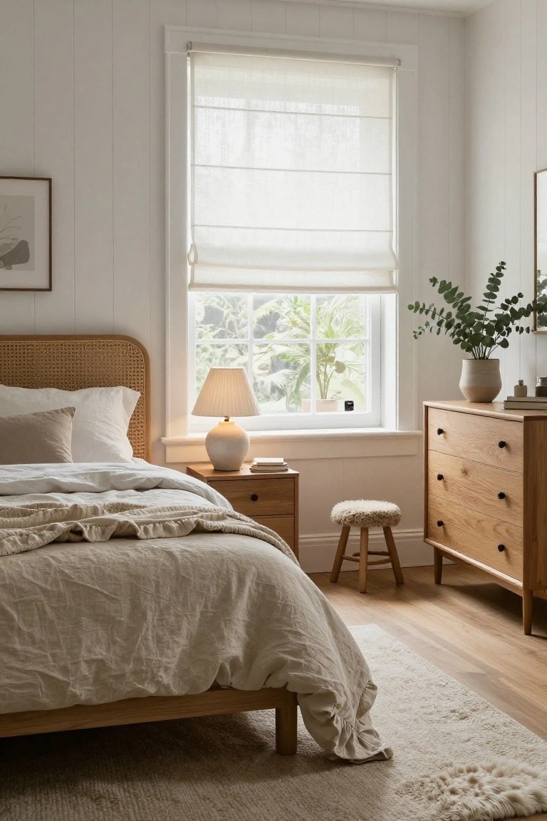 Bedroom interior with rattan headboard on wooden bed frame, white vertical shiplap walls, sheer roller blinds on window overlooking greenery, bedside table with ceramic lamp, oak wood dresser, stool, and potted eucalyptus plant.