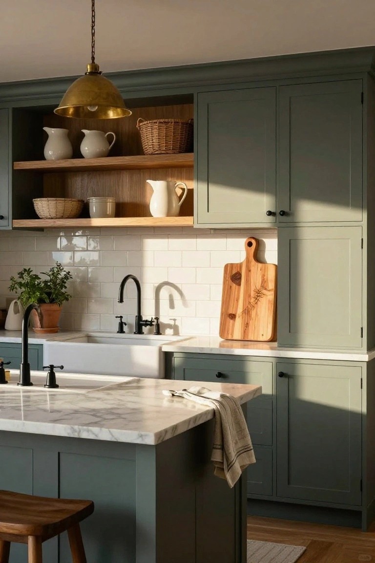 Kitchen with sage green shaker-style cabinets, white subway tile backsplash, farmhouse sink, marble countertop, wood cutting board, brass pendant light, and potted plants.