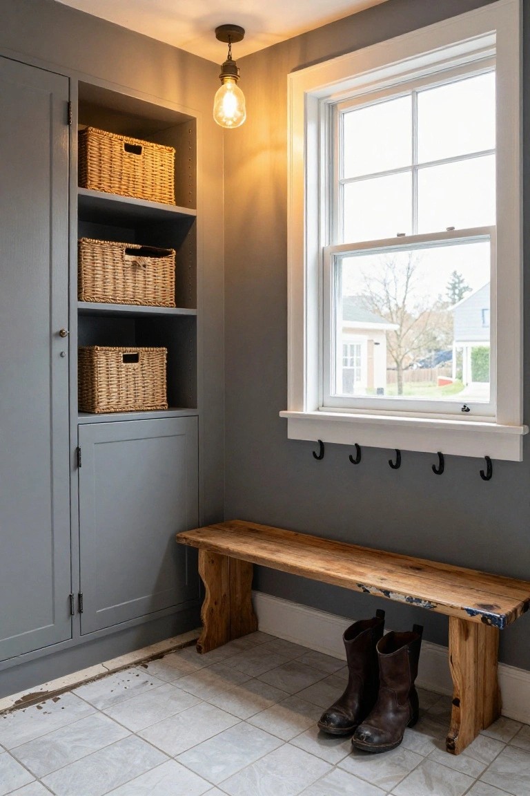 Gray corner cabinetry with open shelves holding wicker baskets, a rustic wooden bench with tall brown leather boots next to it, coat hooks mounted on a white window sill, and a hanging pendant light above.