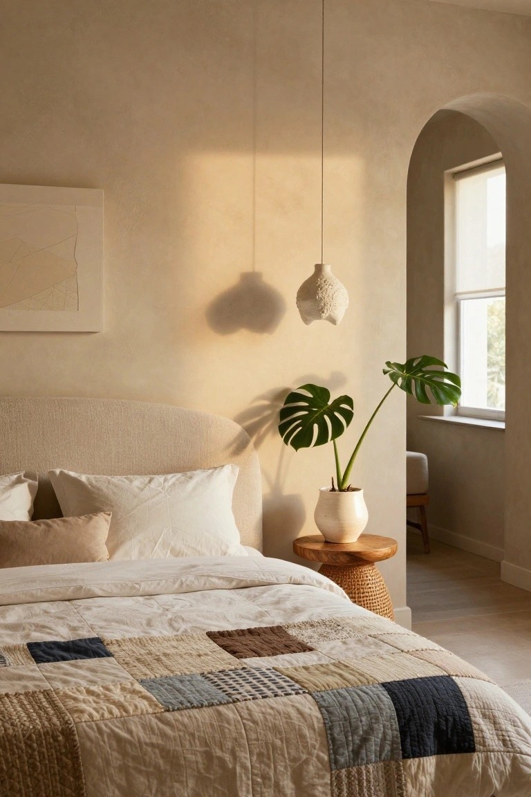 Bedroom with curved beige upholstered headboard, white and peach pillows, neutral patchwork quilt on bed, monstera plant in white pot on rattan stool, white textured pendant lamp hanging above, arched doorway to sunlit room with roller blind.