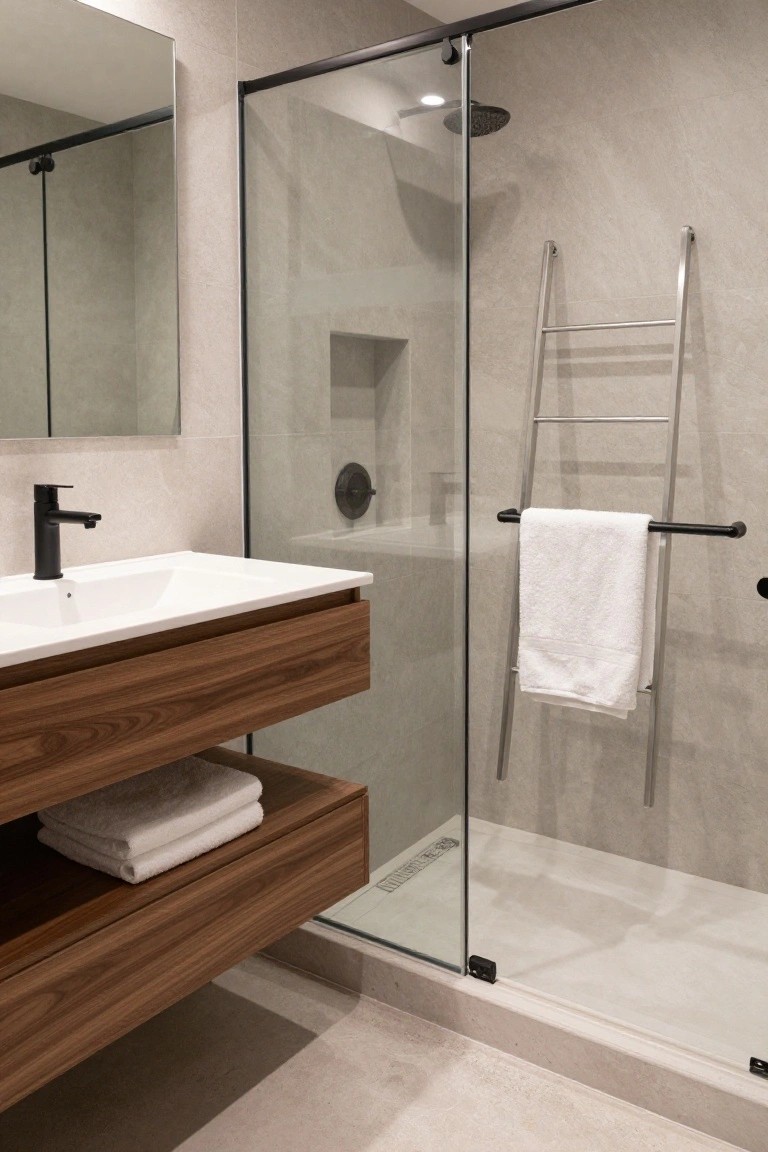Modern bathroom with floating walnut wood vanity under a mirror, black matte faucet on white sink, glass shower enclosure, silver ladder towel rack with white towels, and neutral gray tile walls and floor.