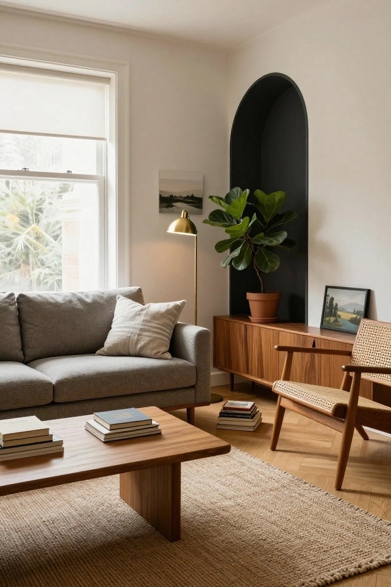 A bright living room with white walls, gray sofa, wood coffee table with books, rattan armchair, walnut credenza next to a black arched niche containing a large fiddle leaf fig plant in a terracotta pot, gold floor lamp, and window with roller shade.