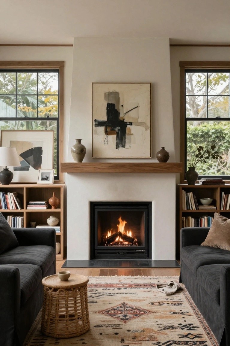 Living room interior with a central modern gas fireplace under a wooden mantel displaying pottery, flanked by matching wooden bookshelves filled with books and ceramics, dark gray sofas on a patterned rug, and large windows showing trees outside.