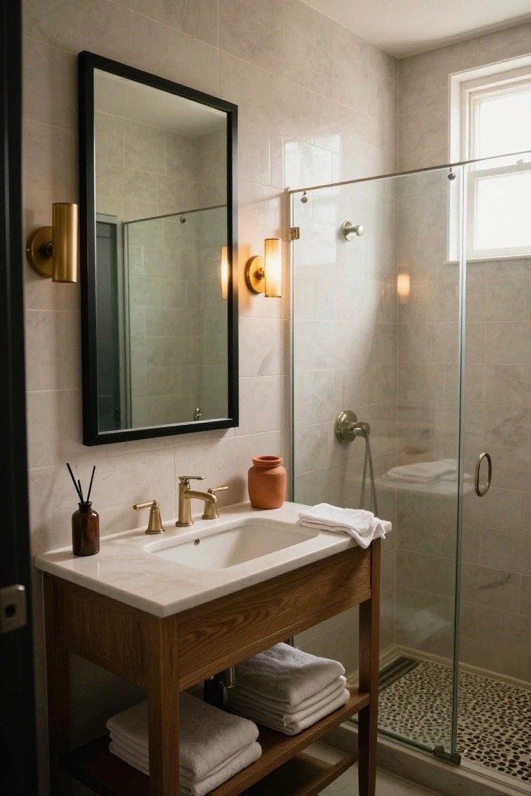 Bathroom with freestanding oak wood vanity and white marble sink top, gold faucets, black-framed mirror, gold wall sconces, and adjacent glass shower enclosure on gray tile with pebble shower floor.