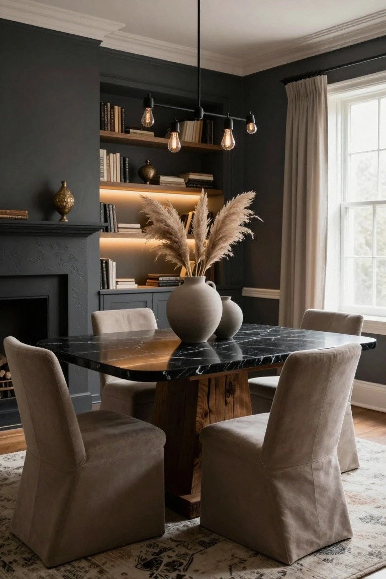 Dining room with dark gray walls, black marble-topped rectangular table on wooden legs and base, four beige upholstered armchairs, built-in bookshelves with warm lighting, large potted pampas grass, two ceramic vases on table, and brick fireplace.