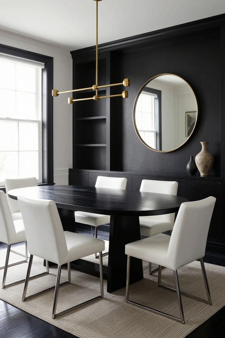 Dining room with matte black walls and built-in cabinets, large gold round mirror, oval black wood table, six white upholstered chairs with chrome legs, gold chandelier, beige rug, and dark wood floors.