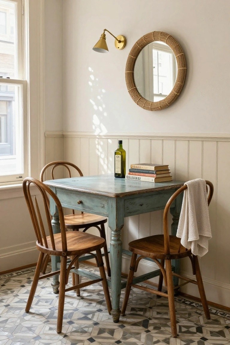 Sunlit interior corner dining nook featuring a small turquoise painted wooden table with drawer, four wooden chairs with curved backs, books and green olive oil bottle on table, white towel draped on chair, rattan mirror, brass sconce, wainscoted walls, and checkered tile floor.