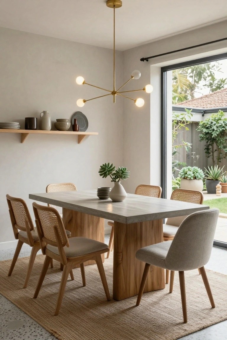 Light dining room featuring a rectangular concrete-top table with thick wood legs, surrounded by rattan and upholstered chairs, potted plants on the table and floor, open wooden shelves with ceramics, and large glass doors opening to a garden.
