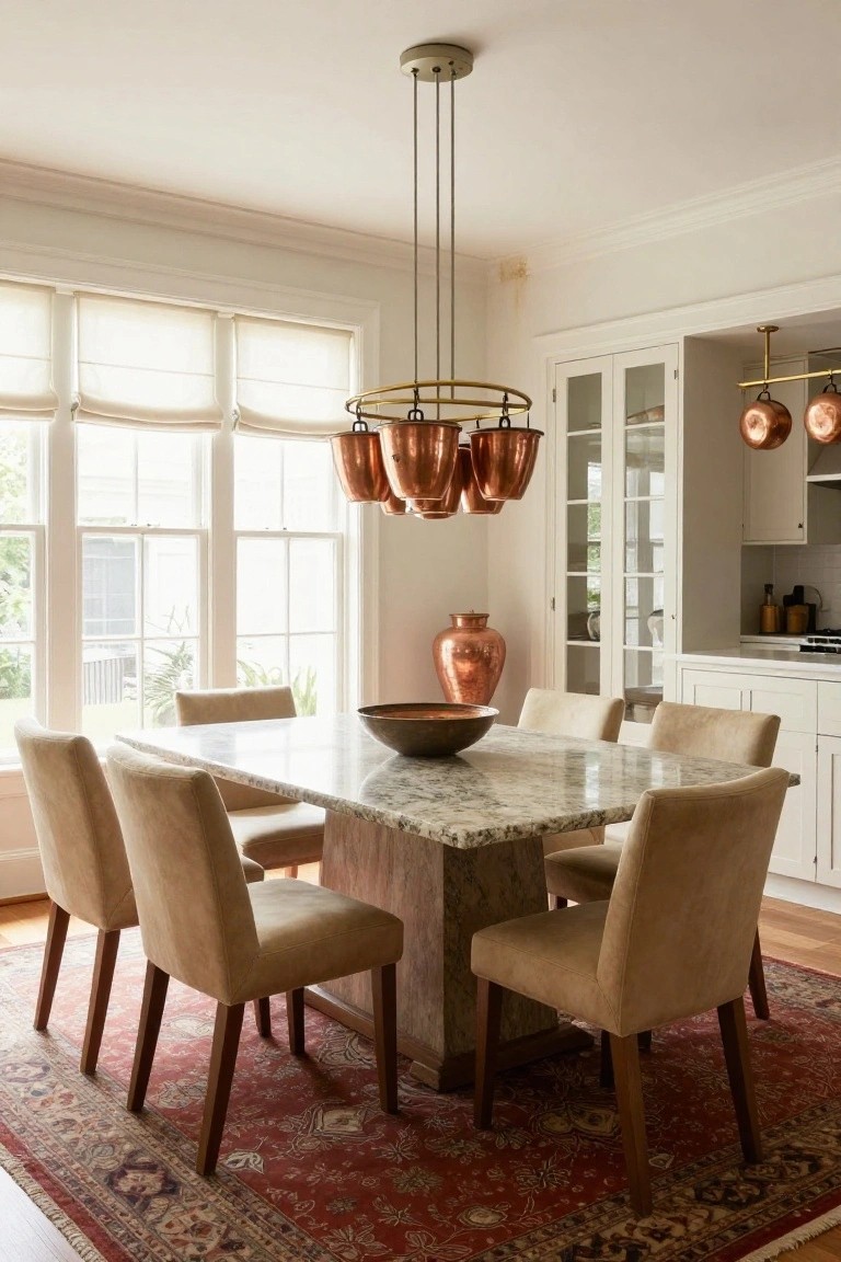 Dining room with a large gold-ringed copper lantern chandelier over a light granite rectangular table, six cream upholstered armchairs, red Persian rug, white cabinetry, and large sheer-curtained windows.