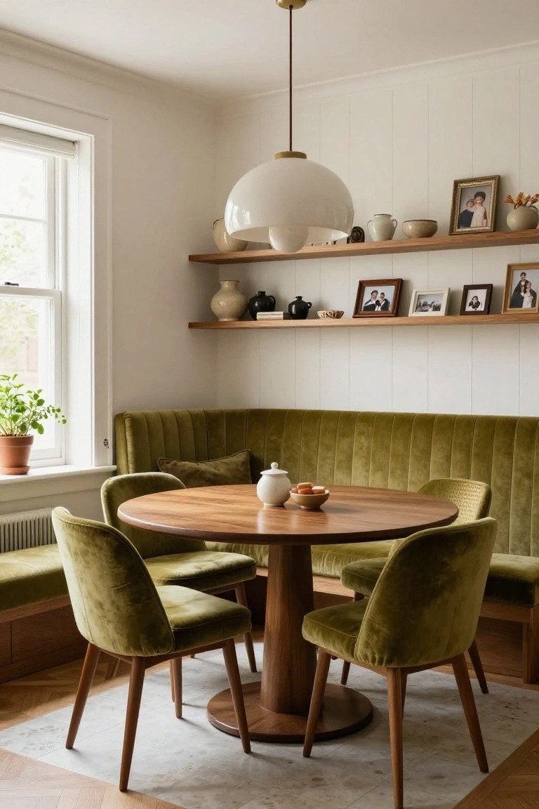 Dining nook with curved green velvet tufted banquette along white paneled walls, round wooden pedestal table, matching green velvet chairs, wooden shelves holding ceramics and framed photos, white pendant light overhead, window with potted plant nearby.