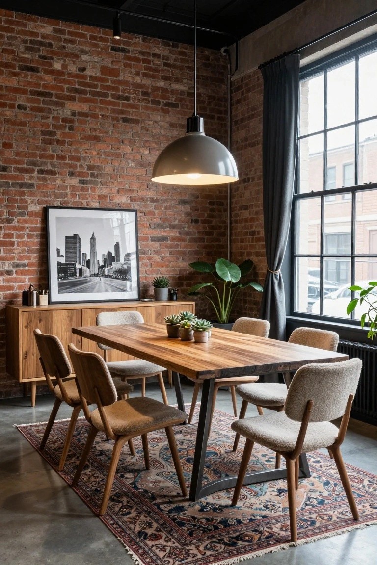 Dining room with exposed red brick walls, wooden credenza, rectangular wood dining table on black metal legs, six mixed wood and upholstered chairs, large pendant light, plants, and patterned rug on concrete floor.