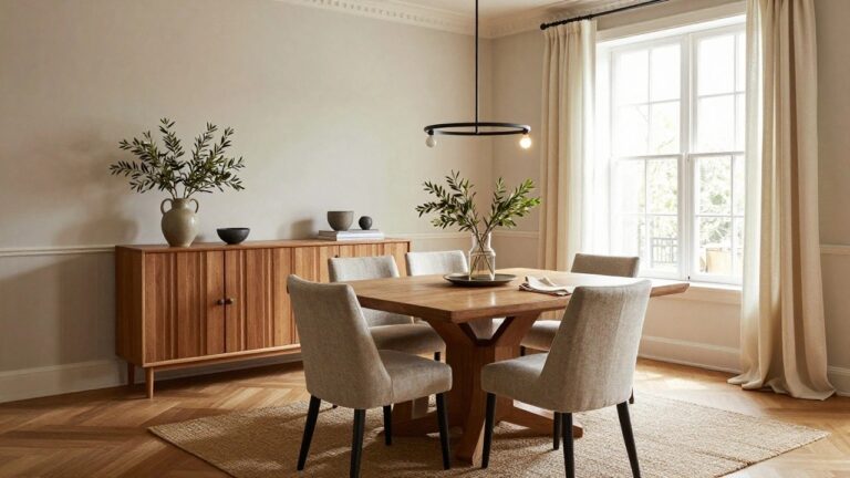 A corner dining room with a rectangular wooden trestle table, six gray upholstered chairs, a tall olive branch in a beige vase on the table, sheer curtains on two windows, a black metal chandelier overhead, and a wooden sideboard nearby.