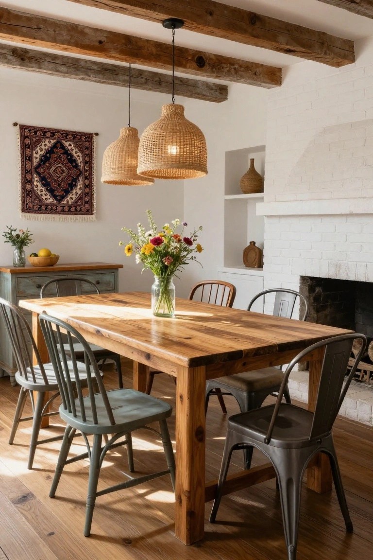 Transitional dining room with exposed wood ceiling beams, two rattan pendant lights, a large reclaimed wood table surrounded by mismatched wooden and metal chairs, a brick fireplace, and a vase of wildflowers on the table.