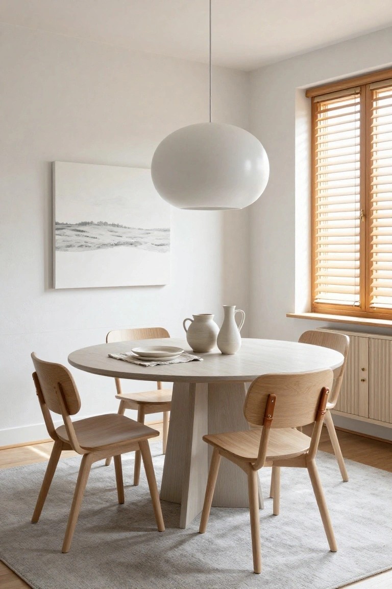 A bright white-walled dining room with a round light gray-washed wood pedestal table, four light wood chairs with leather strap backs, a large white orb pendant light above the table, two white ceramic vases and a plate on the table, an abstract gray landscape painting on the wall, wooden blinds on a corner window, built-in white cabinets, and a light gray rug on light wood floors.