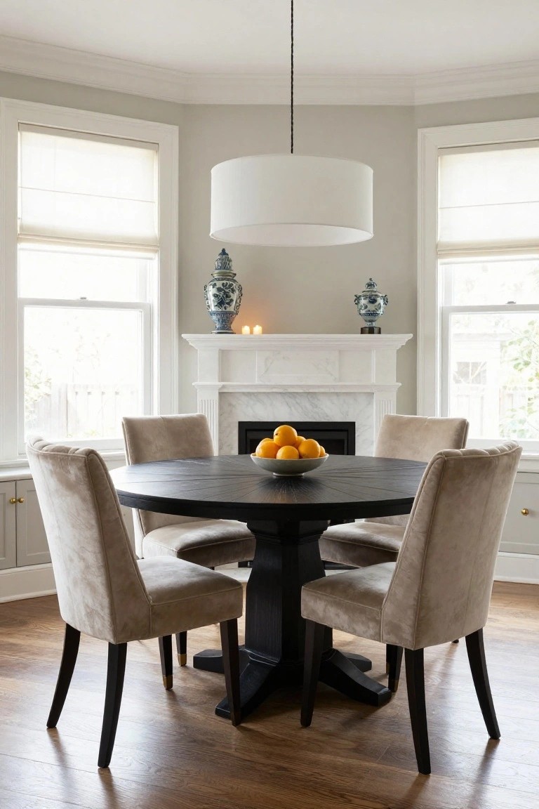 Corner dining room with round black wood pedestal table, four beige velvet upholstered chairs, white marble fireplace with black firebox and fruit bowl on table, blue and white ginger jar vases on mantel, white drum pendant light, sheer shades on triple windows, and hardwood floors.