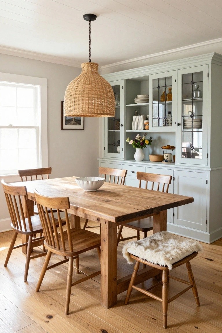 Dining room with rectangular wooden table surrounded by ladderback chairs, pale green glass-door hutch cabinet with dishes and vases inside, large woven rattan pendant light overhead, white walls, window, and hardwood floor.
