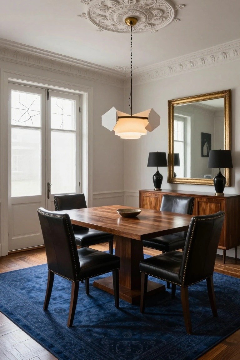 Transitional dining room with white walls, crown molding, square wooden table, four black studded leather armchairs, wooden credenza with black lamps and gold-framed mirror, geometric white chandelier, French doors, and navy blue patterned rug on hardwood floor.