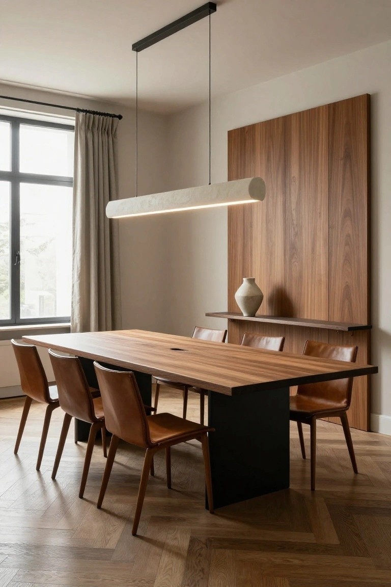 Dining room with long wooden table, six tan leather chairs, black metal table base, suspended white cylindrical light fixture, tall vertical wood-paneled wall with floating shelf and beige vase, window with draped curtains, on herringbone oak floor.
