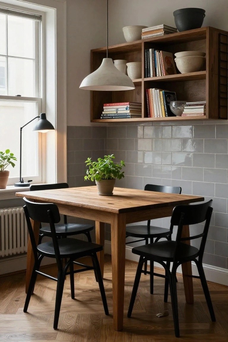 Dining area featuring a rectangular oak wood table with four black chairs, open wooden shelves above holding books and ceramic bowls, gray subway tile backsplash, potted plants, desk lamp, and window in a room with herringbone wood flooring.