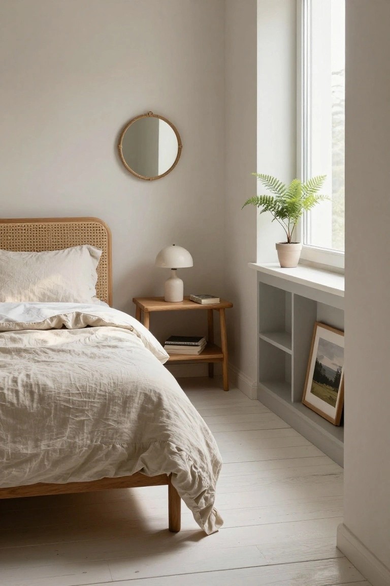 Bedroom corner with wooden bed frame and rattan headboard, white linen bedding, wooden side table with white lamp and books, round rattan mirror on beige wall, fern plant on wide window sill above built-in gray shelving unit holding books and framed landscape prints, light wood floor.