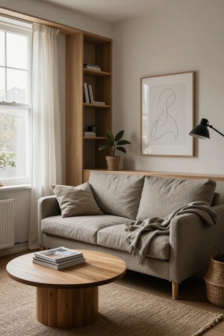 A small living room corner with beige linen sofa, round oak coffee table stacked with magazines, built-in wooden shelving around a window with sheer white curtains, potted plants, and a seagrass rug on hardwood floor.