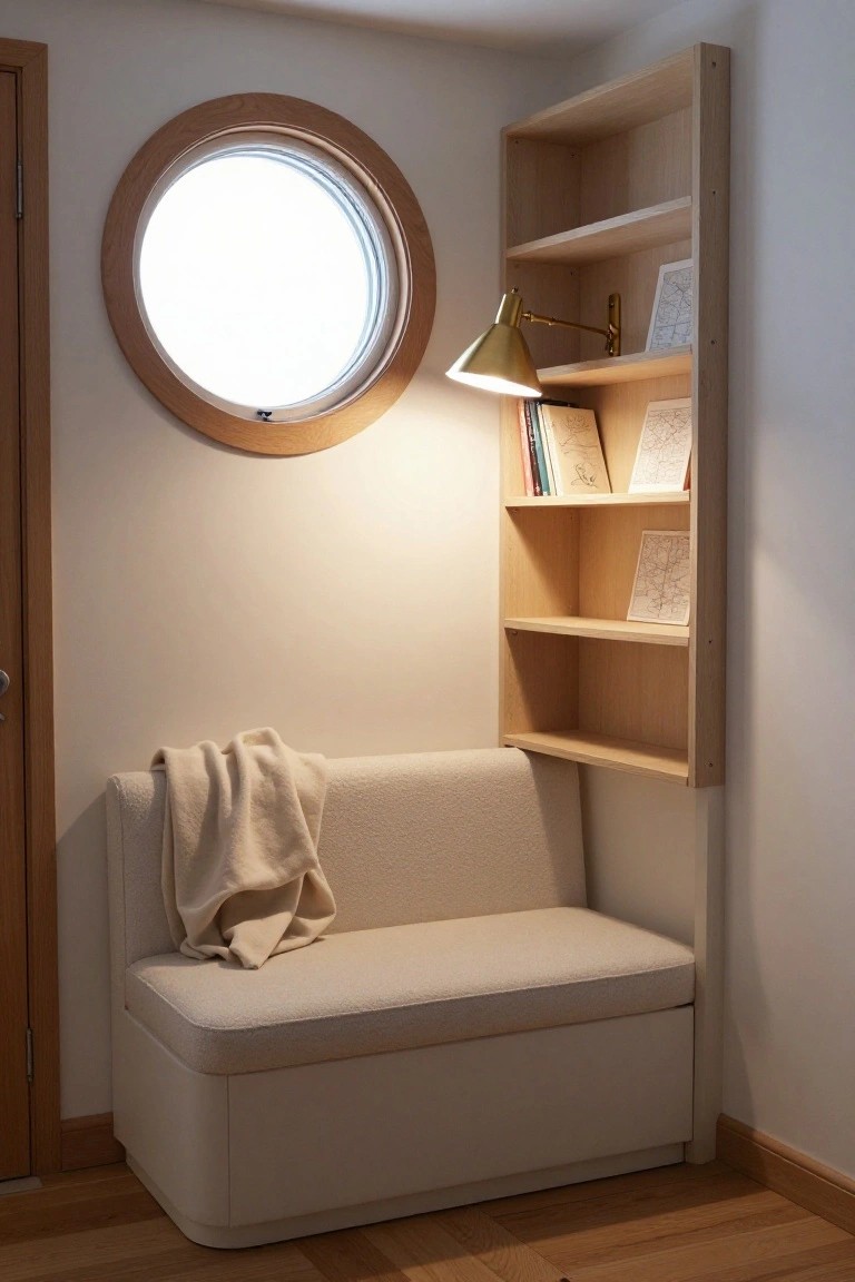 Light wood open bookshelf with books and maps next to a round wooden porthole window and adjustable brass lamp, with a beige cushioned bench seat that has storage underneath, in a white-walled room on wooden flooring.