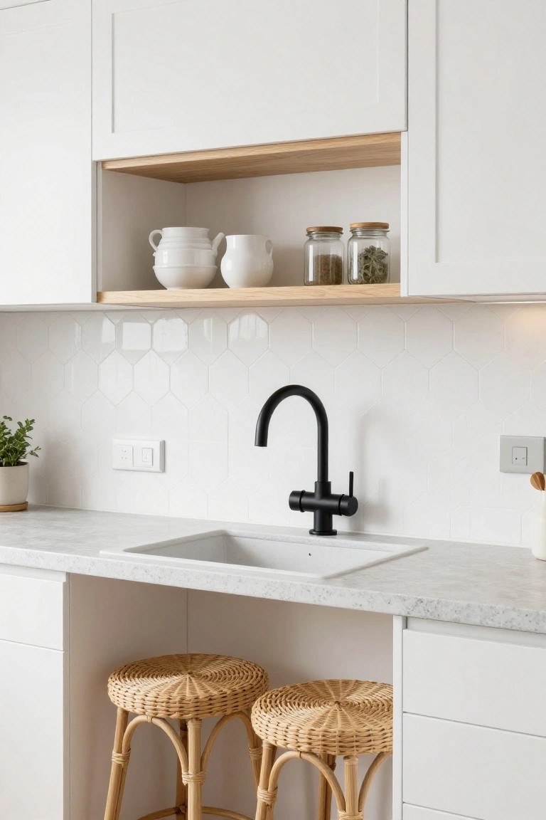 White shaker-style kitchen cabinets with an open oak shelf holding white pitchers and glass jars of spices, hexagonal white tile backsplash, black matte faucet over a white undermount sink on a gray-veined quartz countertop, and two rattan bar stools positioned underneath the peninsula.