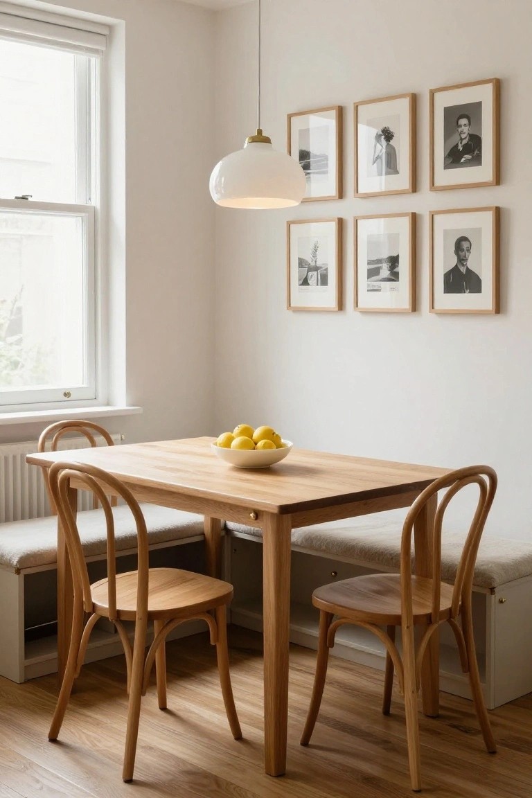 Small wooden dining table with a white bowl of lemons centered on it, two bentwood chairs on one side and an upholstered bench against the wall on the other, white pendant light overhead, gallery wall of black-and-white photos, and a large window nearby in a light-colored room.