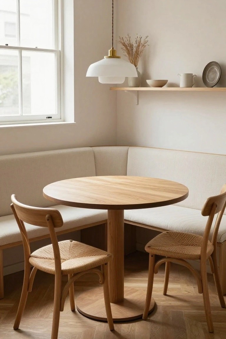 A beige corner booth with round oak pedestal table and two wooden chairs with rush seats in a light room with white walls, wooden parquet floor, pendant lamp, and shelves.