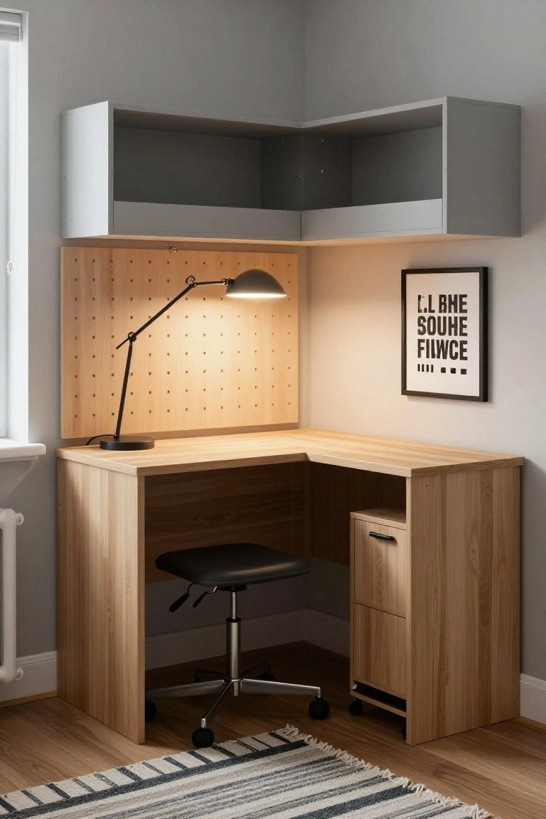 Light oak corner desk with pegboard backing, adjustable desk lamp, black swivel chair, drawer unit, and gray overhead shelf in a room with light gray walls and wood floor.