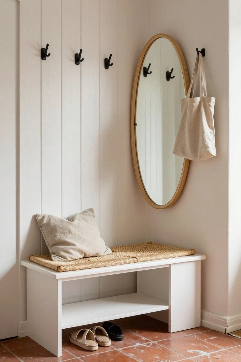 White wooden bench with rattan seat, beige pillow, wall hooks, oval mirror, hanging tote bag, and shoes on terracotta tile floor in a white paneled entryway corner.