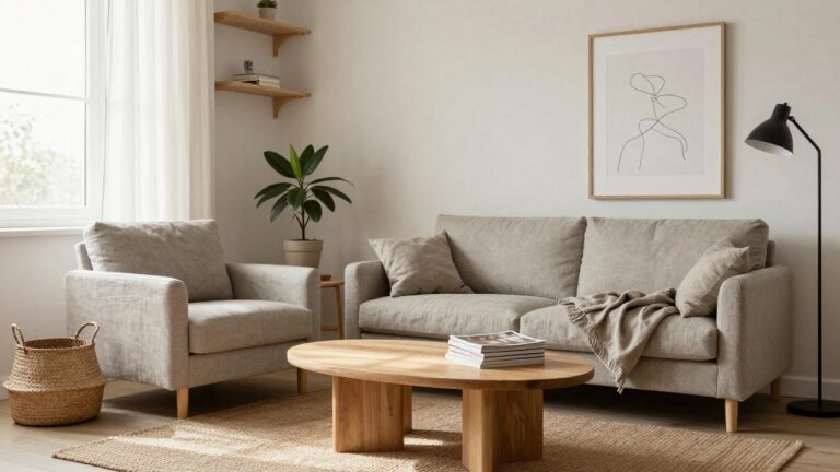 A small living room corner with beige linen sofa, round oak coffee table stacked with magazines, built-in wooden shelving around a window with sheer white curtains, potted plants, and a seagrass rug on hardwood floor.