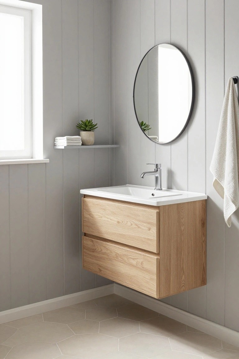 Corner bathroom featuring a wall-mounted light oak vanity with two drawers and white sink, round black-framed mirror, hanging towel, shelf with folded towels and potted succulent, light gray vertical paneled walls, and light hexagonal floor tiles.