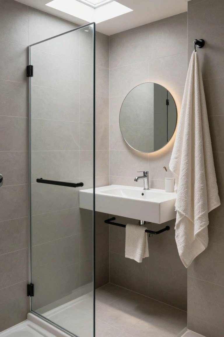 Compact modern bathroom with tall frameless glass shower enclosure, white wall-mounted sink, round backlit mirror, black towel bars and hooks with white towels, light gray tiles, and skylight overhead.