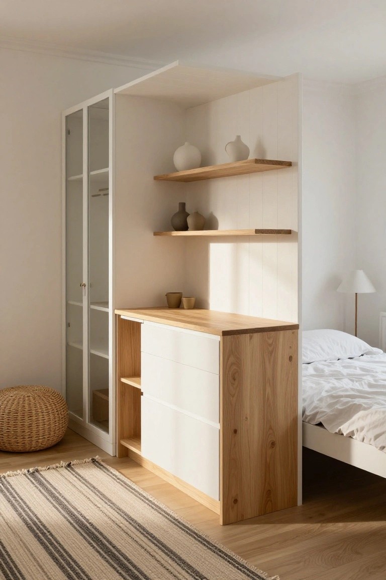Modern bedroom with light wood built-in wardrobe, drawers, and floating shelves.