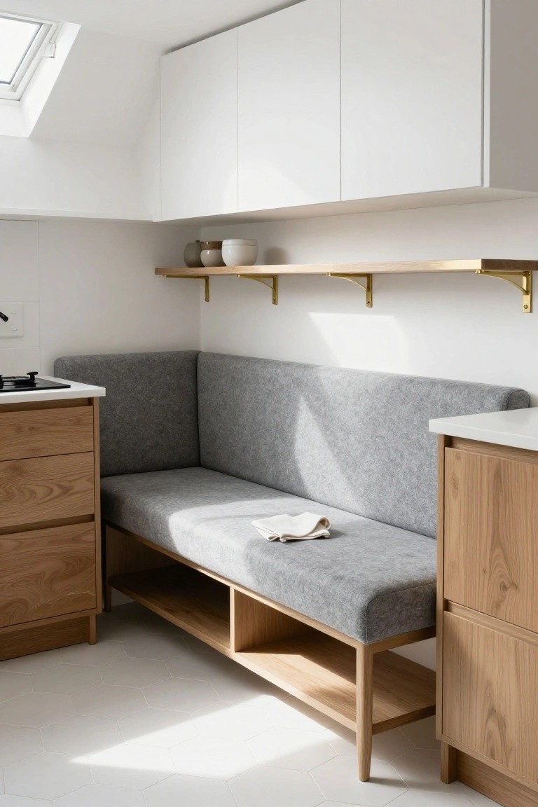 Compact kitchen corner with light gray upholstered L-shaped bench on oak frame, under-bench shelving, adjacent oak lower cabinets, white upper cabinets, gold brackets holding shelves with ceramics, and white countertop.